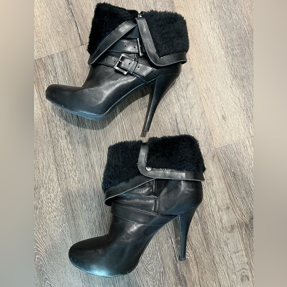 Guess Black Heeled Boots with Faux Fur Cuff -Worn 2 Ways